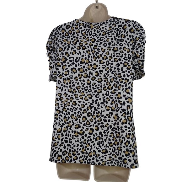 Les Amis Leopard Animal Print Ruffle Short Sleeve Top Women Size L Crewneck - Picture 4 of 9